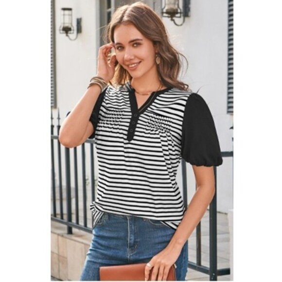 Women's V-Neck Summer Blouse: Lantern Sleeve, Dressy Casual, Loose Fit Large - Picture 2 of 3